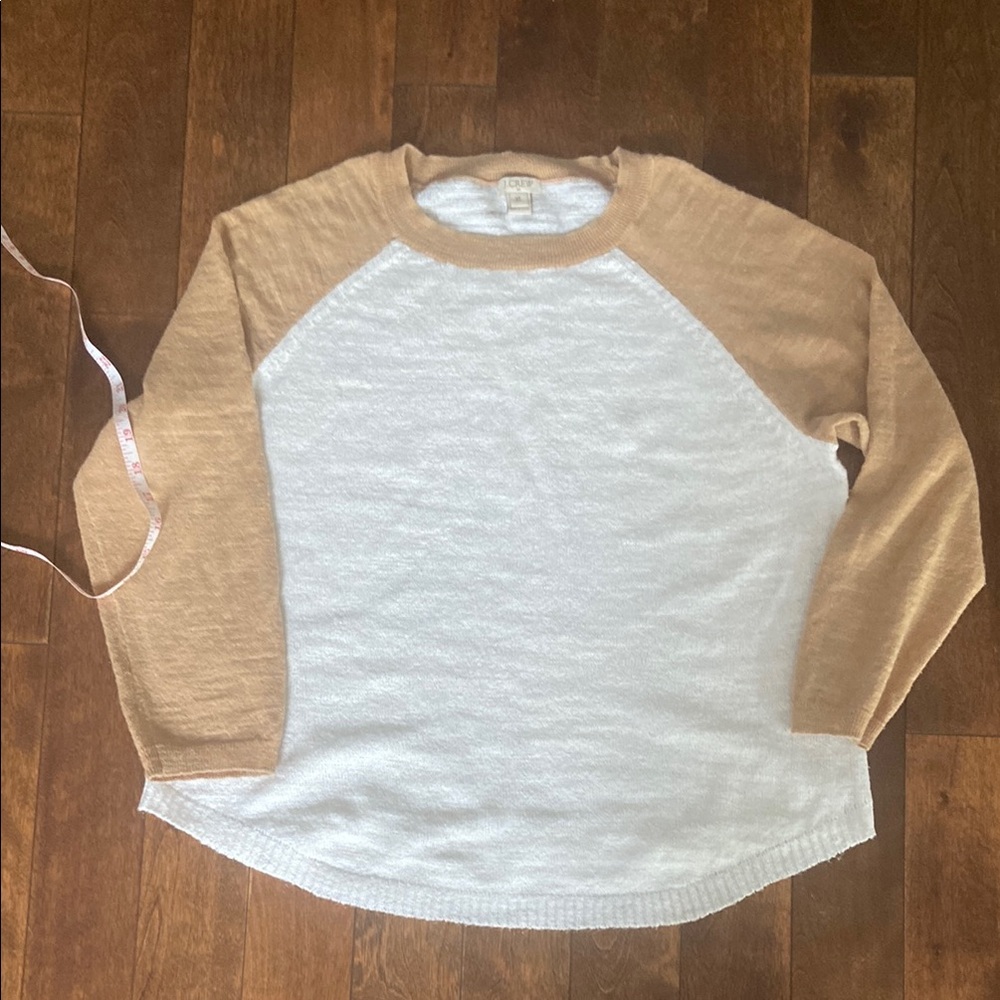 J Crew Airspun White Tan Linen Blend Baseball 3/4 Sleeve Crew Neck Sweater XL